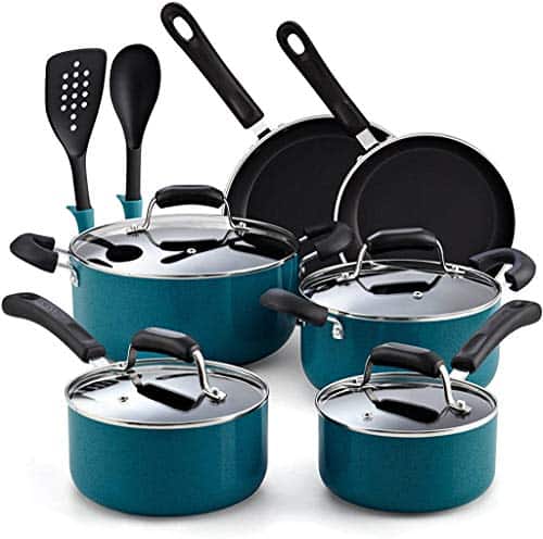 Cook N Home 12-Piece Stay Cool Handle, Turquoise Nonstick Cookware Set